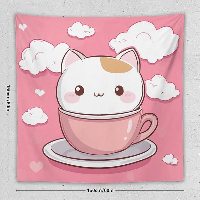 Tapestry Kawaii Cat Wall Art Tapestry for Bedroom Aesthetic Cute Cat Kitten Wall Tapestries Wall Hanging for Bedroom Landscape 60"x60" Wall Hanging for Home Decor Bedroom Living Room Dorm Decor
