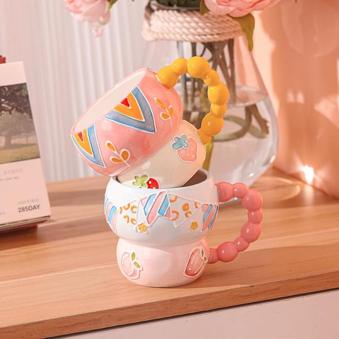 Ceramic Cartoon Coffee Mug,Aesthetic Hand-Painted Creative Cute Mug, Aesthetic Coffee Ceramic Tea, 12oz/400ml for Tea, Milk and Oatm (Blue-Orange)