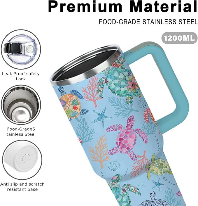 Turtle Tumbler 40oz, Classic Blue Sea Turtles Themed Gifts for Women Girls Turtles Lovers on Birthday Christmas Summer, Travel Stainless Steel Coffee Cup Double Wall Vacuum Insulated Mug