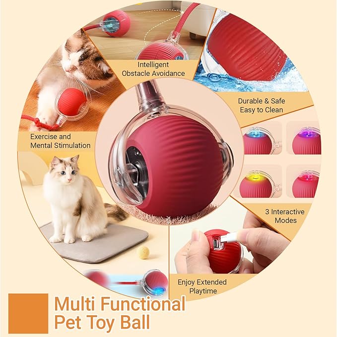 2025 New Interactive Dog Cat Toys Balls, Interactive Rolling Ball Cat Toy, 360° Smart Automatic Rolling Pet Ball (red, one Size)