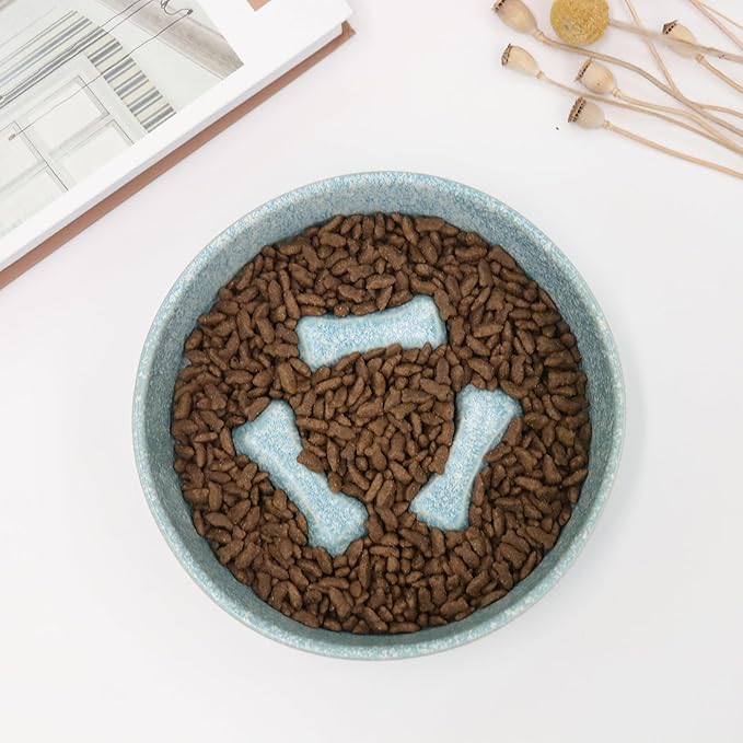 Ceramic Slow Feeder Cat Bowls 6 Inch Cute Bone Slow Feeding Dog Food Bowl,Whisker-Friendly, Anti-Vomiting Feeder for Cats and Small Dogs Non Slip Dishwasher/Microwave Safe (Blue)