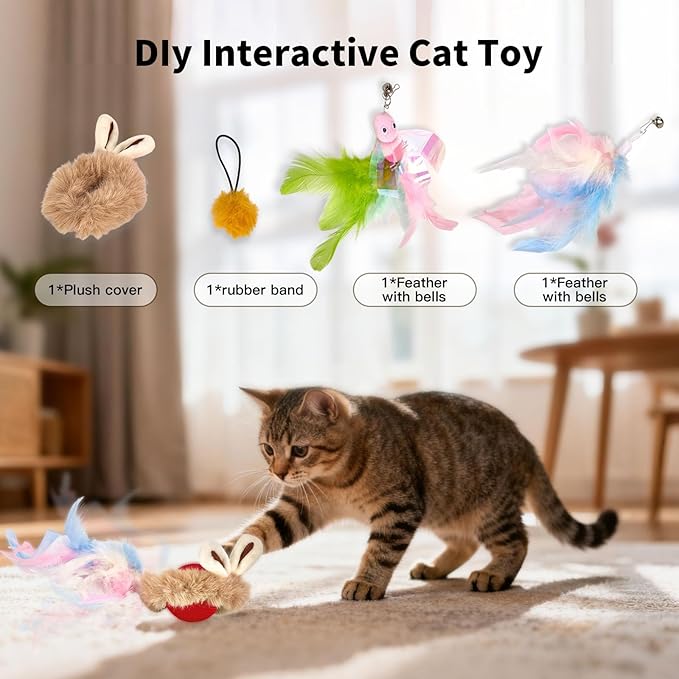 Interactive Cat Toy Ball, Automatic Cat Toys for Indoor Cats, Motion Activated Kitten Toys with 2 Replacement Tails, USB Rechargeable, Moving Cat Toys for Enrichment Exercise (Red)