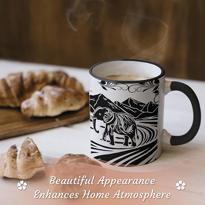 Elephant Gifts for Women, Elephant Mug 11Oz Mothers Day Birthday Gifts for Women, Black and White Boho Mug for Coffee, Tea and Milk, Ceramic Cup Microwave & Dishwasher Safe