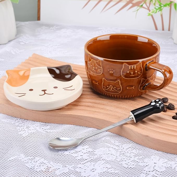 Cute Cat Coffee Mug with Lid,Animal Tea Cup with Saucer Set,Kawaii Ceramic Mugs with Biscuit Holder and Spoon,Gifts for Women,Teacher,Friend,for Mothers Day,Easter,Christmas (Yellow Cat)