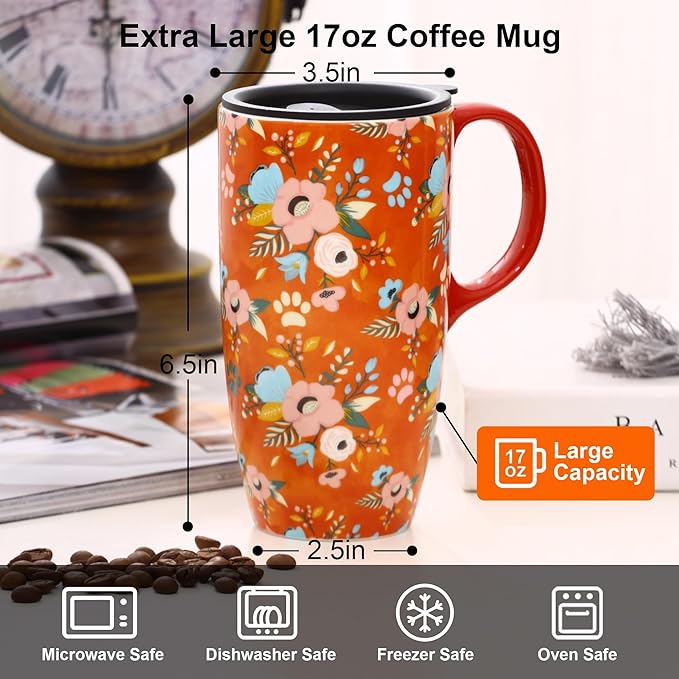 Topadorn 17oz Ceramic Travel Coffee Mug with Sealed Lid Tea Cup with Color Box, Microwave & Dishwasher Safe, Unique Coffee Mug for Latte & Hot Chocolate, Holiday Office Gift Her Him, Orange