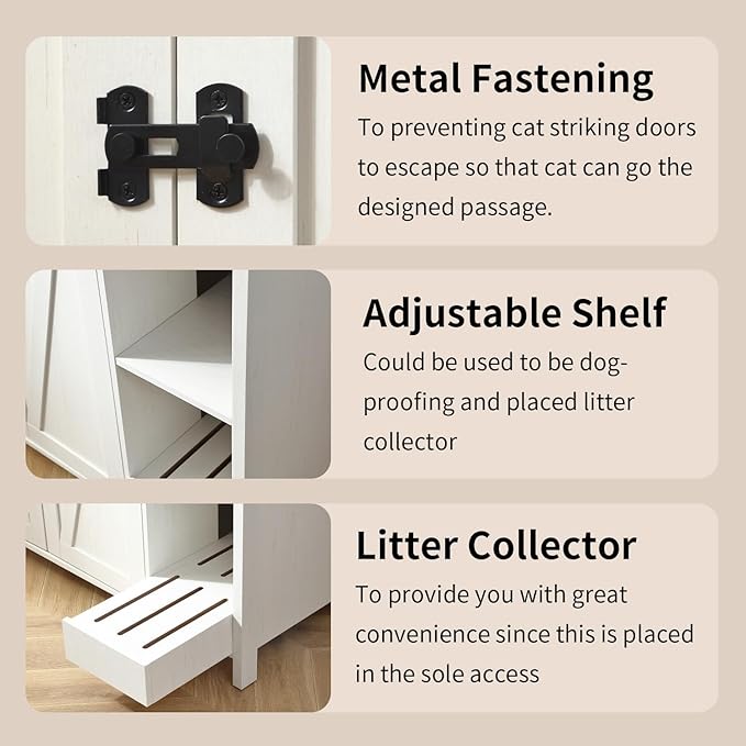 Litter Enclosure with Litter Collector, Litter Cabinet with Dog-Proof Adjustable Shelf, for Placing Cat Robot 3/4, Power Outlet (Antique White)