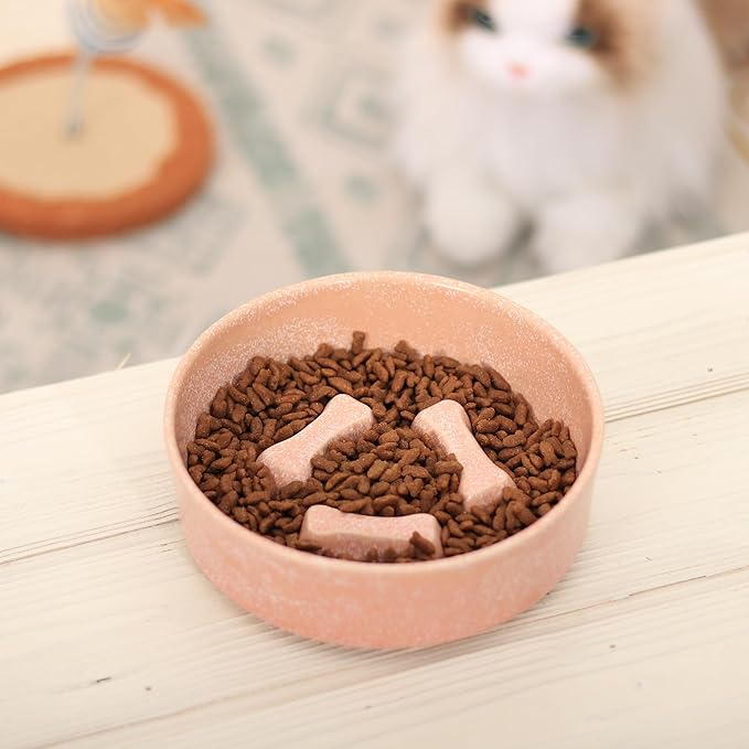 Ceramic Slow Feeder Cat Bowls 6 Inch Cute Bone Slow Feeding Dog Food Bowl,Whisker-Friendly, Anti-Vomiting Feeder for Cats and Small Dogs Non Slip Dishwasher/Microwave Safe (Pink)