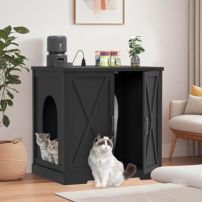 Heybly 34.5" Litter Box Enclosure,Large Robot Cabinet with Charging Station,Wooden Cat Litter Box Enclosure Furniture for Self-Cleaning Robot 3 & 4,Hidden for Smart Litter Box Size, Black HCLB004BK
