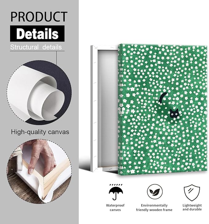 Black Cat Canvas Wall Art, Cute Cat In Daisies Meadow Aesthetic Poster, Adorable Animal Picture Rich Green Print Painting for Bedroom, Nursery Wall Decor Pet Lover Gift 16x20in Wrapped Canvas