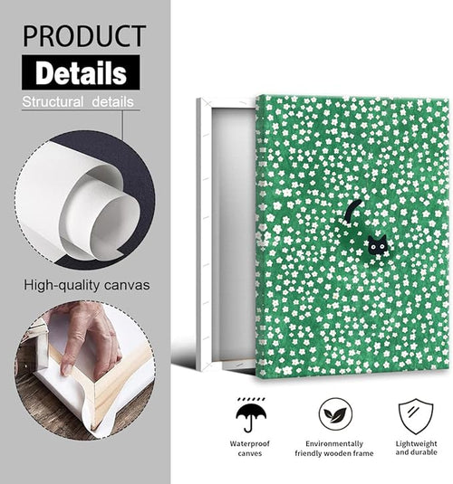 Black Cat Canvas Wall Art, Cute Cat In Daisies Meadow Aesthetic Poster, Adorable Animal Picture Rich Green Print Painting for Bedroom, Nursery Wall Decor Pet Lover Gift 12x16in Wrapped Canvas