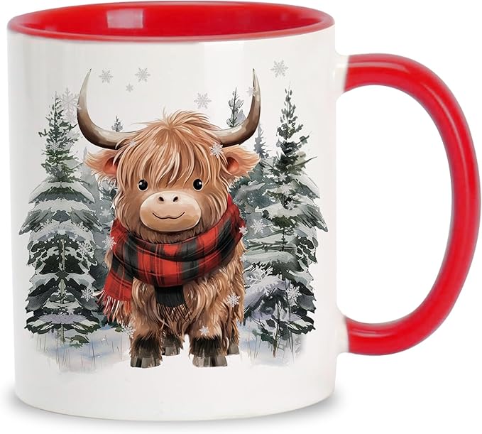 Hyturtle Winter Highland Cow Coffee Mug - Birthday Christmas Gifts For Highland Cow Lovers - Cute Animal Gifts For Women - Animal Lover Gift Ideas 11oz Two Tone Color Red/White Ceramic Tea Mug Cup