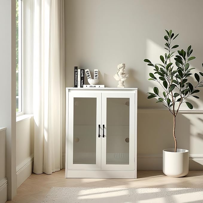 Cat Litter Enclosure with Cat-Viewing Glass Doors, Litter Cabinet with Power Outlet and Cozy LED Lights, Reversible and Optional Entry,White