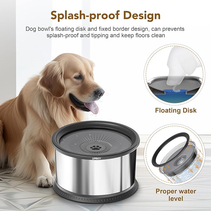 UPSKY 3.5L Dog Water Bowl,Large Capacity No Spill Dog Water Bowl,Stainless Steel Spill Proof Slow Water Feeder,No Splash Water Bowl with Anti-Slip Mat for Messy Drinkers Grey, C.3.5L