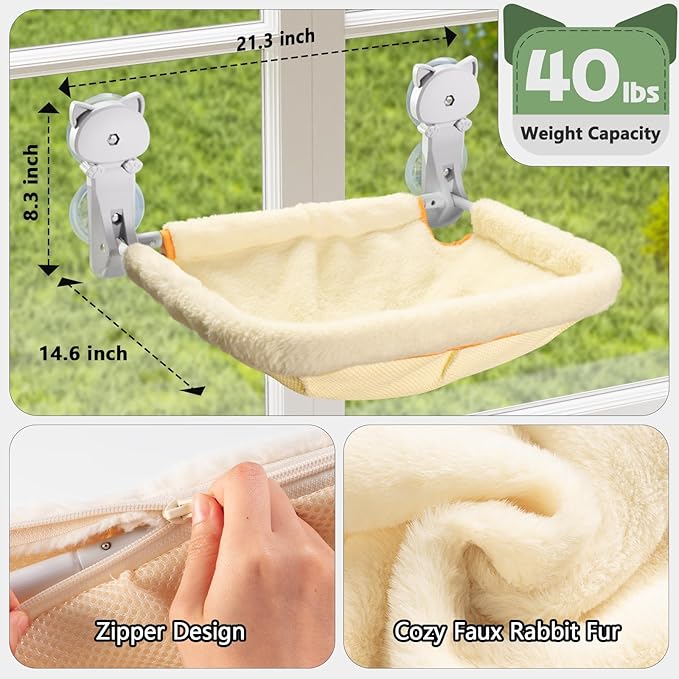 JUNSPOW Cat Window Perch Cordless, Foldable & Stable Cat Beds- Breathable Cat Window Hammock for Overlooking, Sunbathing and Climbing - Maximum Hold Up to 40lb(Cream)