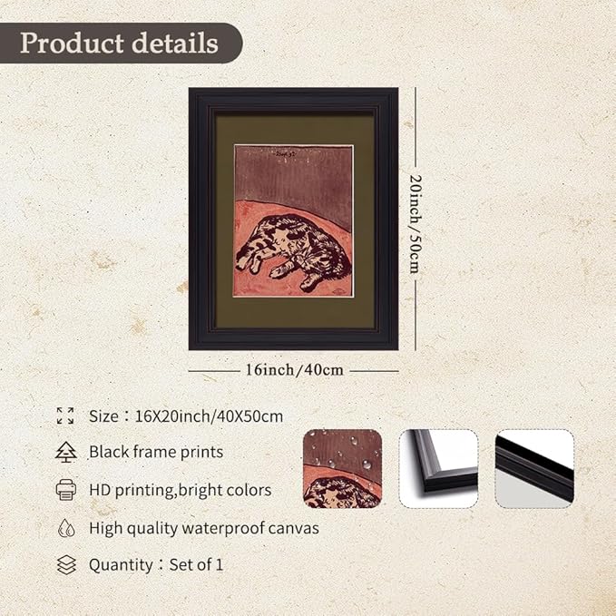 Cute Cat Poster Mid Century Modern Animal Wall Art Vintage Aesthetic Canvas Painting for Bedroom Dormitory Wall Decor Cat Lovers Gifts 16X20 inch Vintage Framed