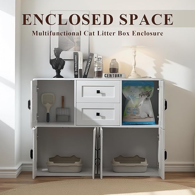 Spacious Wooden Double Cat Litter Cabinet with Drawers for Two Cats, Indoor Dog-Proof Cat House with Dual Compartments, 47.6 Inch Modern Privacy Litter Box Furniture (White)