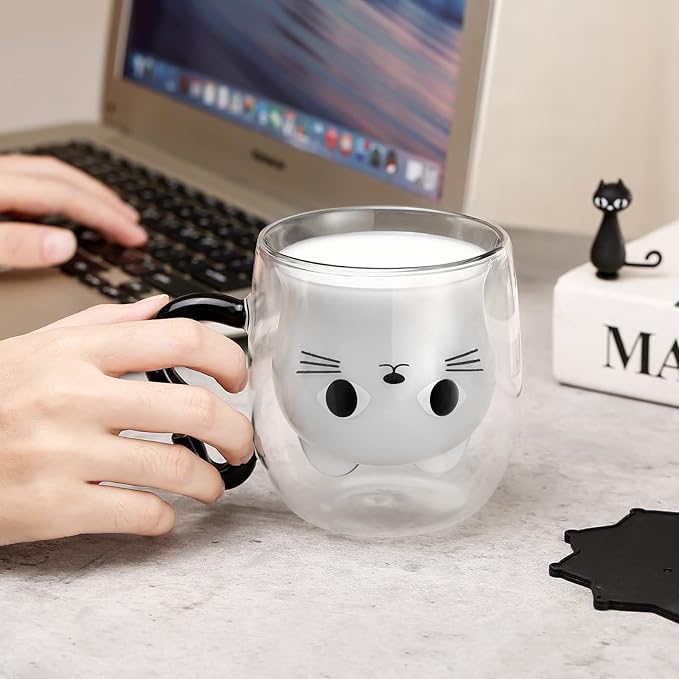 Phitihui Cat Mugs, Double Wall Glass Cute Coffee Tea Cup, Graduation Valentines Mothers Day Easter Halloween Christmas Gifts for Women Wife Mum Her Girl Teacher Friend, Birthday Present Idea