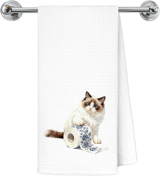 Funny Ragdoll Cat Bathroom Hand Towels, Ragdoll Cat Gifts, Blue Chinoiserie Toilet Paper Kitty Kitten Decorative Hand Towels Bathroom Restroom Washroom Decor, 16x24 Inch
