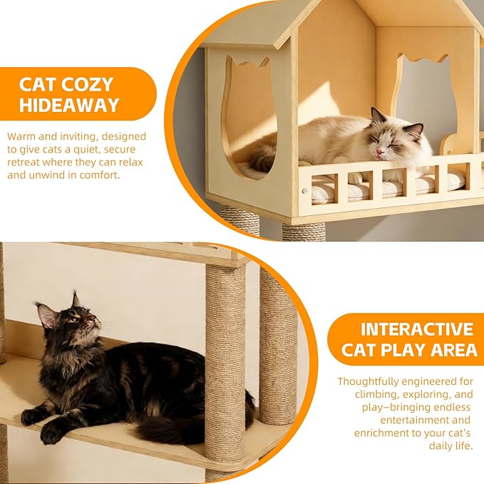 Wood Cat Tree for Automatic Litter Box, 60.2 Inch Tall Modern Cat Tree Tower with Litter Box Enclosure, Multi-Level Wooden Cats Tower Furniture with Scratching Posts, Condo House for Indoor Cats C3