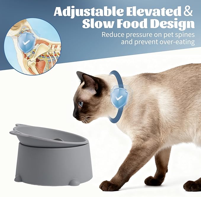 Cat Raised Bowls Silicone, 3 Modes to Adjust Height Elevated Cat Bowl to Protect Puppy,Kitten Spine and Anti Vomit Slow Feeder with 10° Tilted Detachable Dish for Pet Dry,Wet Food