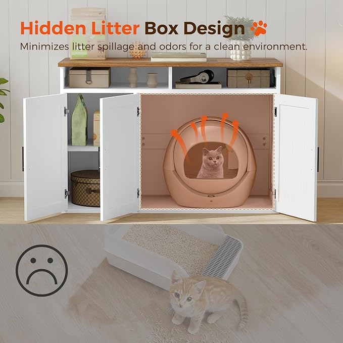 Cat Litter Box Enclosure for Self Cleaning Litter Boxes, Large Hidden Litter Box Furniture with Shelves, Wooden Cat Washroom Storage Cabinet, Automatic Litter Box Enclosure, White CWBZ3001