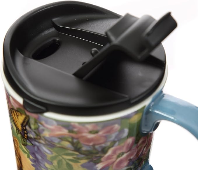 CEDAR HOME Travel Coffee Ceramic Mug Porcelain Latte Tea Cup With Lid 17oz. Flower and Cat