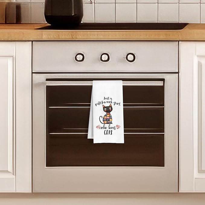Quilter Cat Kitchen Towels, Cat Quilting Lover Gifts Dish Tea Towels, Just a Patchwork Girl Who Loves Cats Decorative Hand Towel for Bathroom Kitchen, 16x24 Inch