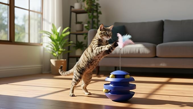 Cat Toys for Indoor Cats, Interactive Cat Toy Ball Track with Feather Sticks, 3 Spinning Balls, Wobble Rotating Tumbler Base for Bored Indoor Adult Cats to Play Alone, Reduce Anxiety(Blue).