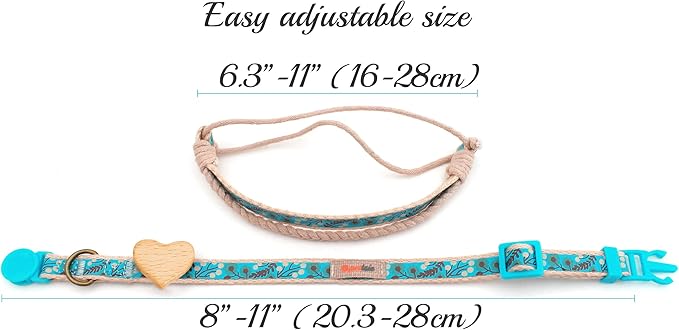 Pettsie Breakaway Cat Collar with Wooden Heart Charm & Matching Owner Bracelet – Soft Cotton, Adjustable Safety Collar for Cats, Lightweight & Stylish, 8"-11", Gift-Ready Set for Cat Lovers, Turquoise