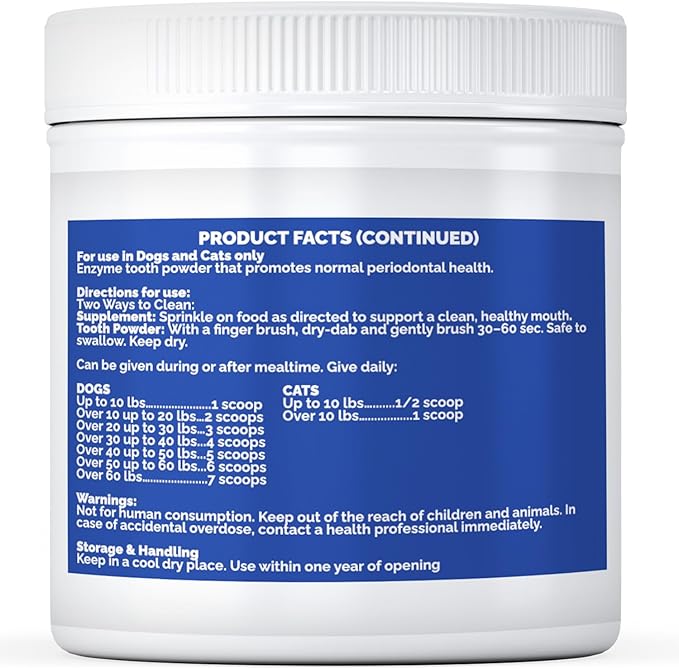 Periodontal Support Dental Powder for Dogs & Cats – Teeth Cleaning Supplement with Free Finger Toothbrush – Helps Reduce Bad Breath, Plaque & Tartar – Supports Healthy Teeth & Gums – 200g