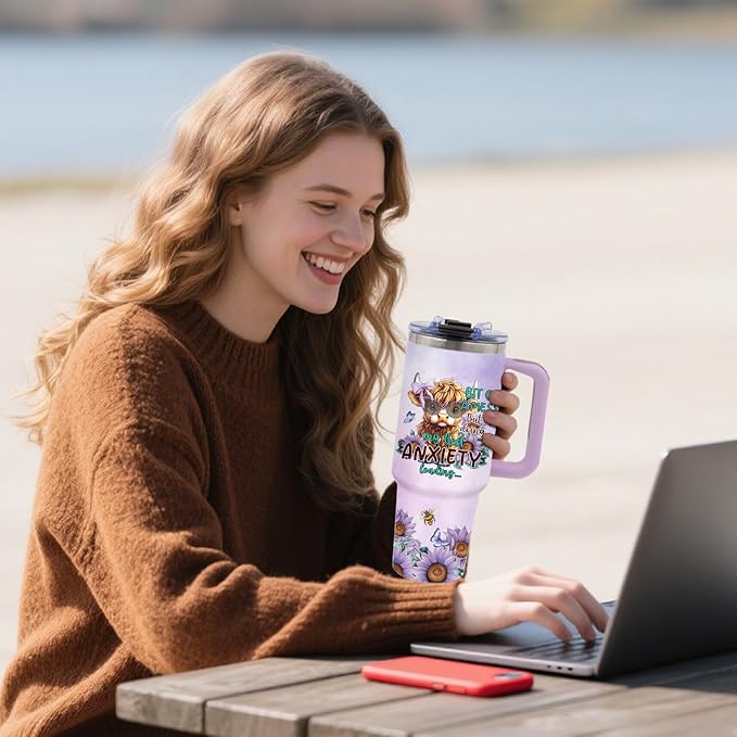 Highland Cow Gifts - Yak Tumbler 40oz with Handle and Straws, Leak-proof, Stainless Steel Insulated Coffee Mugs for Western Farm Lovers Cups, Purple Highland Cows Drinking Water Bottle