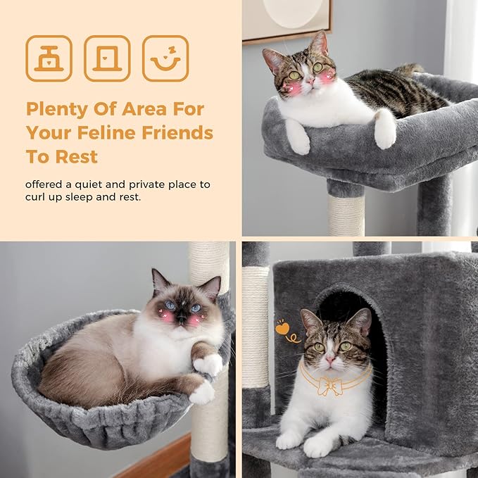 MUTTROS Cat Tree, Multi-Level Cat Tower for Indoor Cats, Cat Climbing Tree Condo with Sisal Covered Scratching Posts, Deep Hammock and Interactive Cat Toy, Gray
