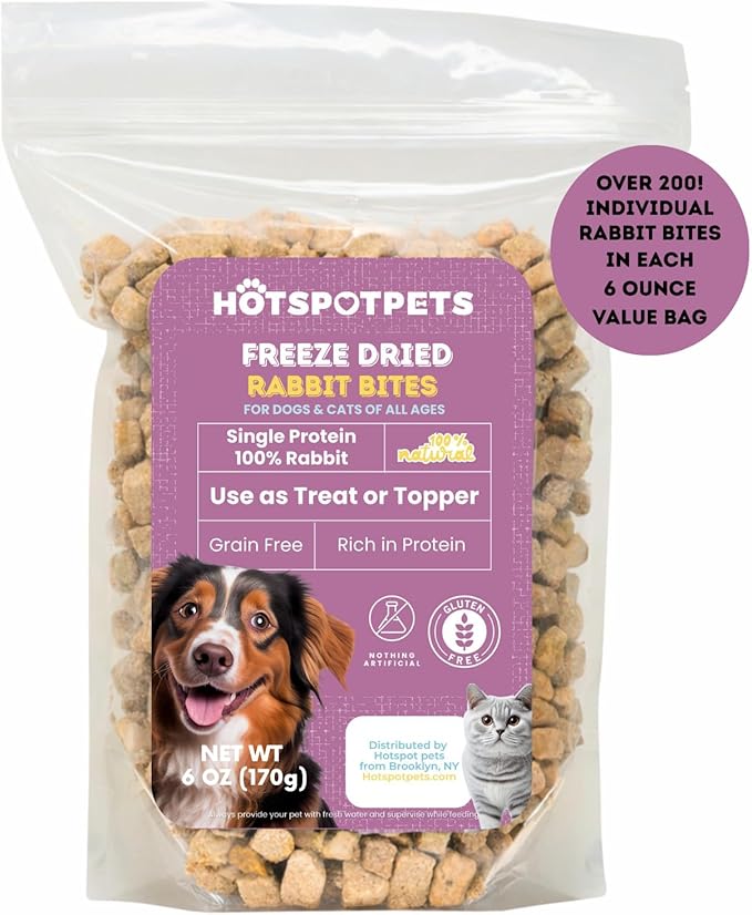 hotspot pets Freeze Dried Rabbit Treats for Dogs & Cats – Raw Single Ingredient Rabbit Bites – High Protein Training Rewards & Food Topper – Grain Free, Low Calorie, USA Made – (6 Ounce ~200+pcs)