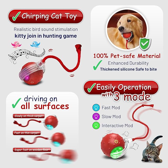 Interactive Cat Toys for Indoor Cats, 360° Smart Automatic Rolling Pet Ball, Rollie Pet Cat Toy, Electric Rolling Ball Dog Toy, Moving Cat Ball with Mesh Tail, Interactive Dog Toys for Small Dogs-Red