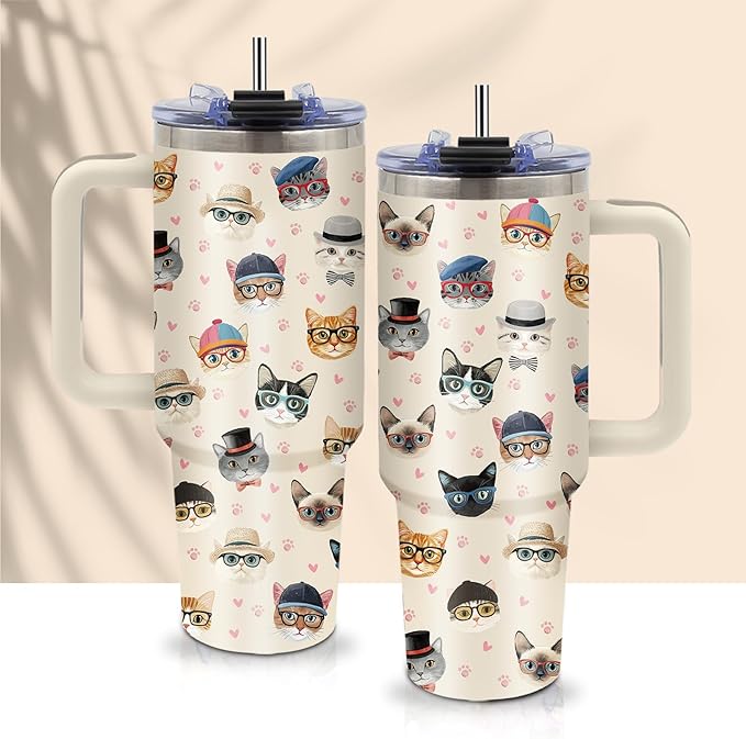 Cat Face Tumbler 40oz with Handle - Funny Cat Lover Gifts for Women, Insulated Travel Coffee Mug, Cute Cats Cup for Cats Owners, Christmas Birthday Present