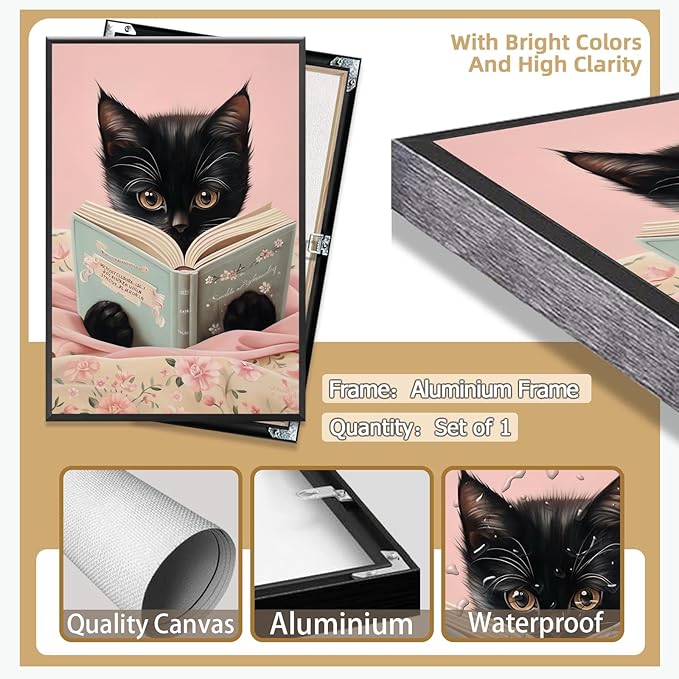 Vintage Cat Canvas Wall Art Funny Cute Cats Reading Books Poster Retro Pink Flower Abstract Animal Aesthetic Prints Painting For Girls Room Bedroom Kids Room Dorm Wall Decor 16x24in Framed