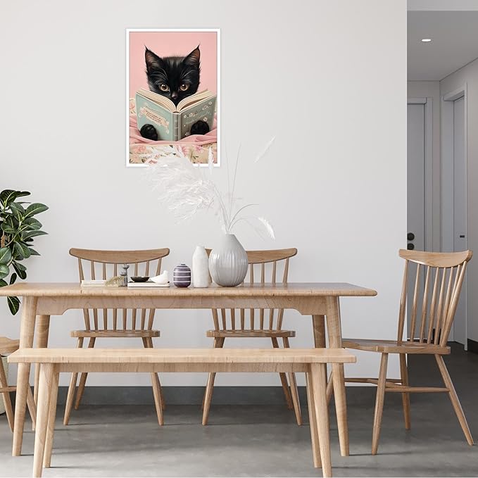 Vintage Cat Canvas Wall Art Funny Cute Cats Reading Books Poster Retro Pink Flower Abstract Animal Aesthetic Prints Painting For Girls Room Bedroom Kids Room Dorm Wall Decor 12x16in Unframed