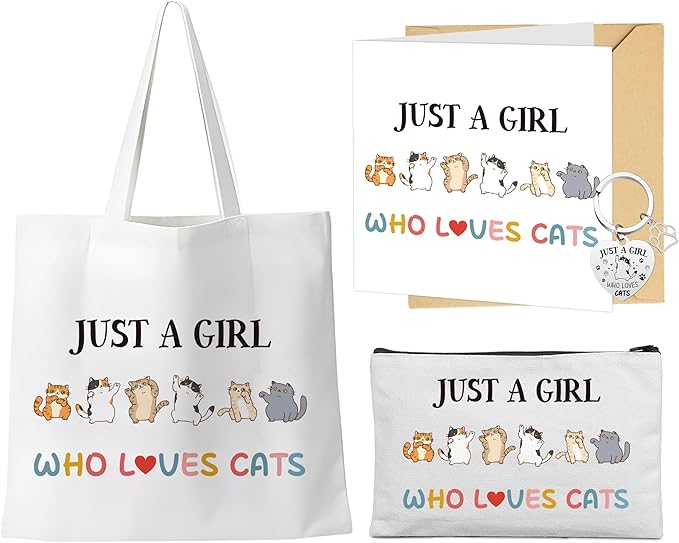 Cat Gifts Women Girls Presents - 5 Pcs Presents for Cat Lovers Including Cute Canvas Tote Bag, Makeup Bag, Card and Keyring for people who love cats Mum Auntie Wife Sisters Friends Teacher