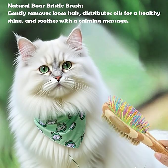 2-in-1 Double Sided Dog Brush for Shedding - Cat Brush with Real Boar Bristle & Pins, Bamboo Handle Pet Grooming Brush for Long and Short Hair, Removes Loose Fur, Tangles, Dead Undercoat and Dirt