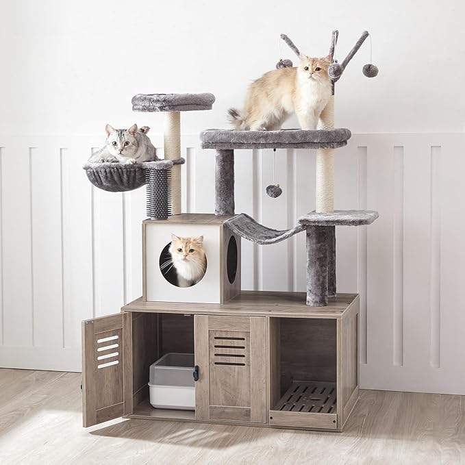 HOOBRO Large Hidden Litter Box, Cat Tree with 30.7'' Long Litter Box Enclosure, Modern Cat Tower, Cat Condos with Scratching Posts, Rubbing Post, Hammock and Teaser Sticks, Greige BG28MZ03G1