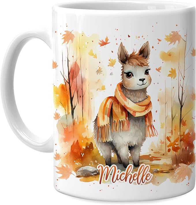 Hyturtle Personalized Fall Llama Coffee Mug - Birthday Gifts For Llama Lovers - Fall Autumn Decor Gifts For Farmhouse Thanksgiving - Custom Name 11oz White Ceramic Coffee Tea Mug