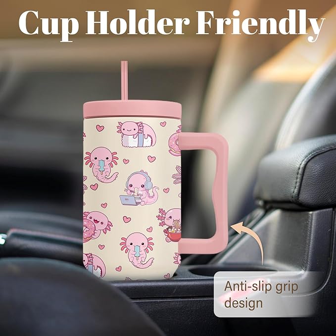 Axolotl Tumbler 40 Oz, Axolotl Gifts For Women, Cute Axolotls Tumbler With Handle, Birthday Gifts For Axolotls Lovers, Pink Insulated Tumblers Cup
