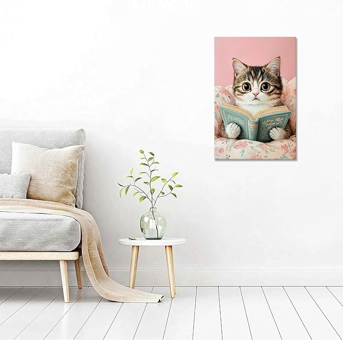 Funky Cute Cats Reading Books Canvas Wall Art Funny Pet Cat Animal Poster Trendy Pink Flower Wall Decor Cat Lovers Prints Painting For Home Bedroom Kids Room Dorm Wall Decor 8x12in Framed