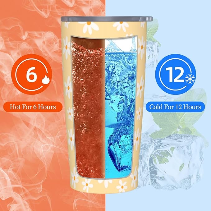 Daisy Tumbler 20oz Floral Stainless Steel Insulated Tumblers with Lid and Straw Yellow Travel Coffee Mug Tea Wine Cups Water Bottle Daisy Gifts for Women