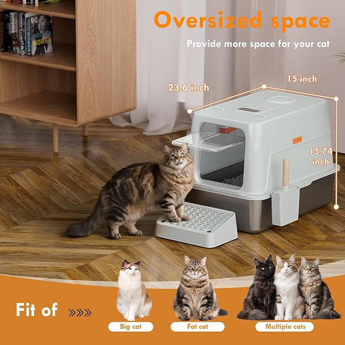 Smart 3-Speed Deodorization XXL Stainless Steel Cat Litter Box - Infrared Sensor, Extra Large Odor Control Litter Box for Large Cats & Multi-Cat Households 135° Flip-Top Metal Cat Litter Box - Grey