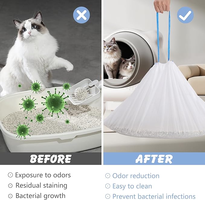 120 Count 26"x11.8" Cat Litter Box Liners Compatible with Fsitego & Fumoi Self-Cleaning Litter Boxes, Heavy Duty Automatic Cat Litter Box Bags with Drawstring, 3-4 Gallons of Capacity