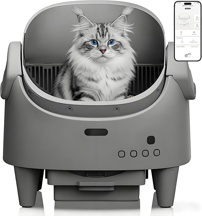 Self Cleaning Litter Box, Open Top Automatic Cat Litter Box with App Control for Multiple Cats, Electric Cat Litters Box Adjustable Entrance Height, Multi-Sensor Safety Protection, 1 Roll Garbage Bags