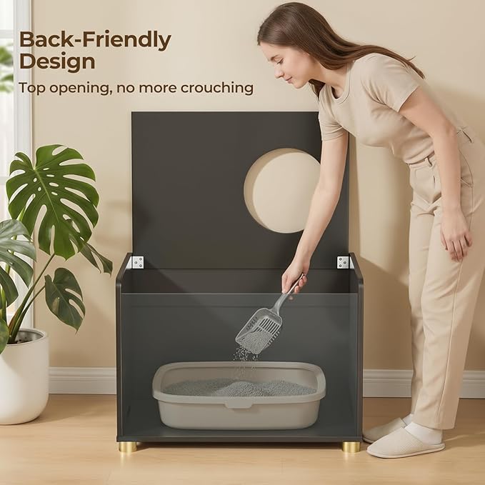 Top Entry Litter Box Enclosure, Flip Top Cat Litter Box Furniture with Scratch Mat, Stylish Hidden Cat Washroom for Large Cats (Black)