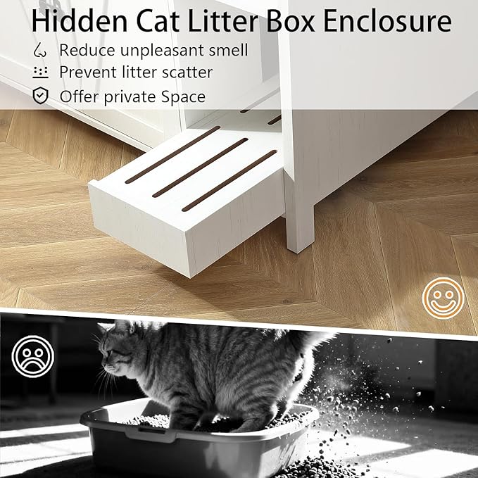 Litter Enclosure with Litter Collector, Litter Cabinet with Dog-Proof Adjustable Shelf, for Placing Cat Robot 3/4, Power Outlet (Antique White)