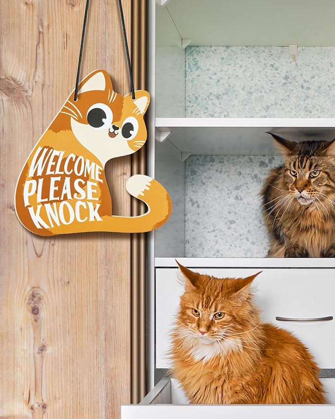 Putuo Decor Do Not Disturb Sign Welcome Please Knock, Cute Cat Door Sign Decor Reversible Double Sided Aesthetic Hanger Plaque for Room Front Door Porch Home Decor, Cat Lover Gifts Orange